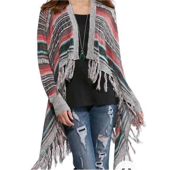 Fringed Open Front Striped Boho Lightweight Sweater - Picture 1 of 5
